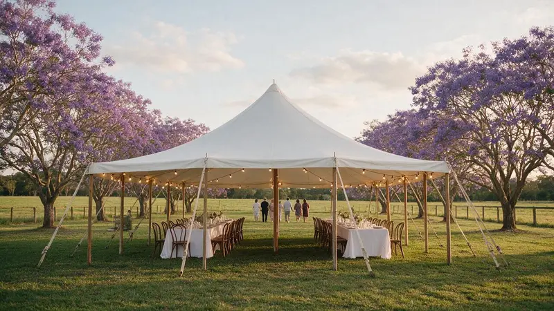 Wedding guests outside a lit peg-and-pole marquee at dusk beneath tall gum trees