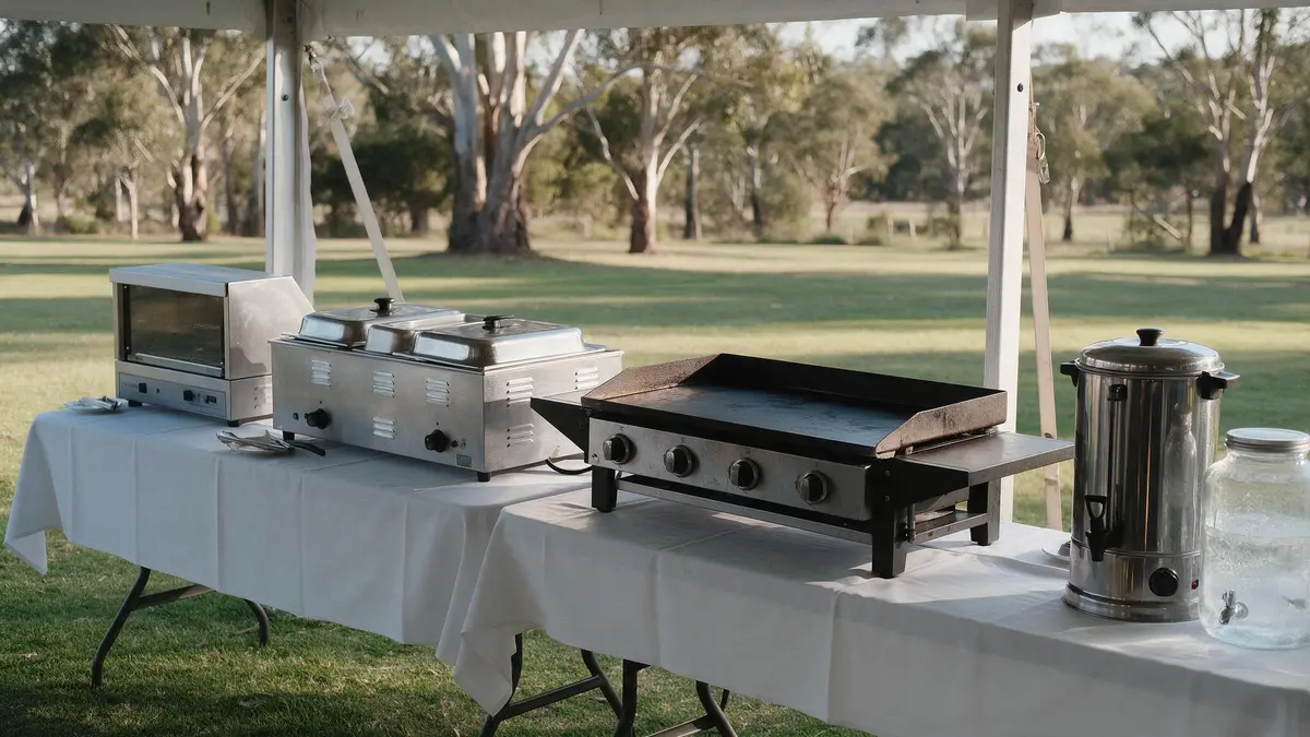 Bain-marie, BBQ hotplate, pie warmer and urn set up on tables under a marquee
