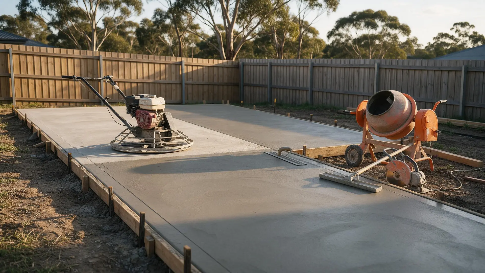 Freshly poured backyard concrete slab with a power trowel on the surface and a cement mixer and concrete saw beside the timber formwork