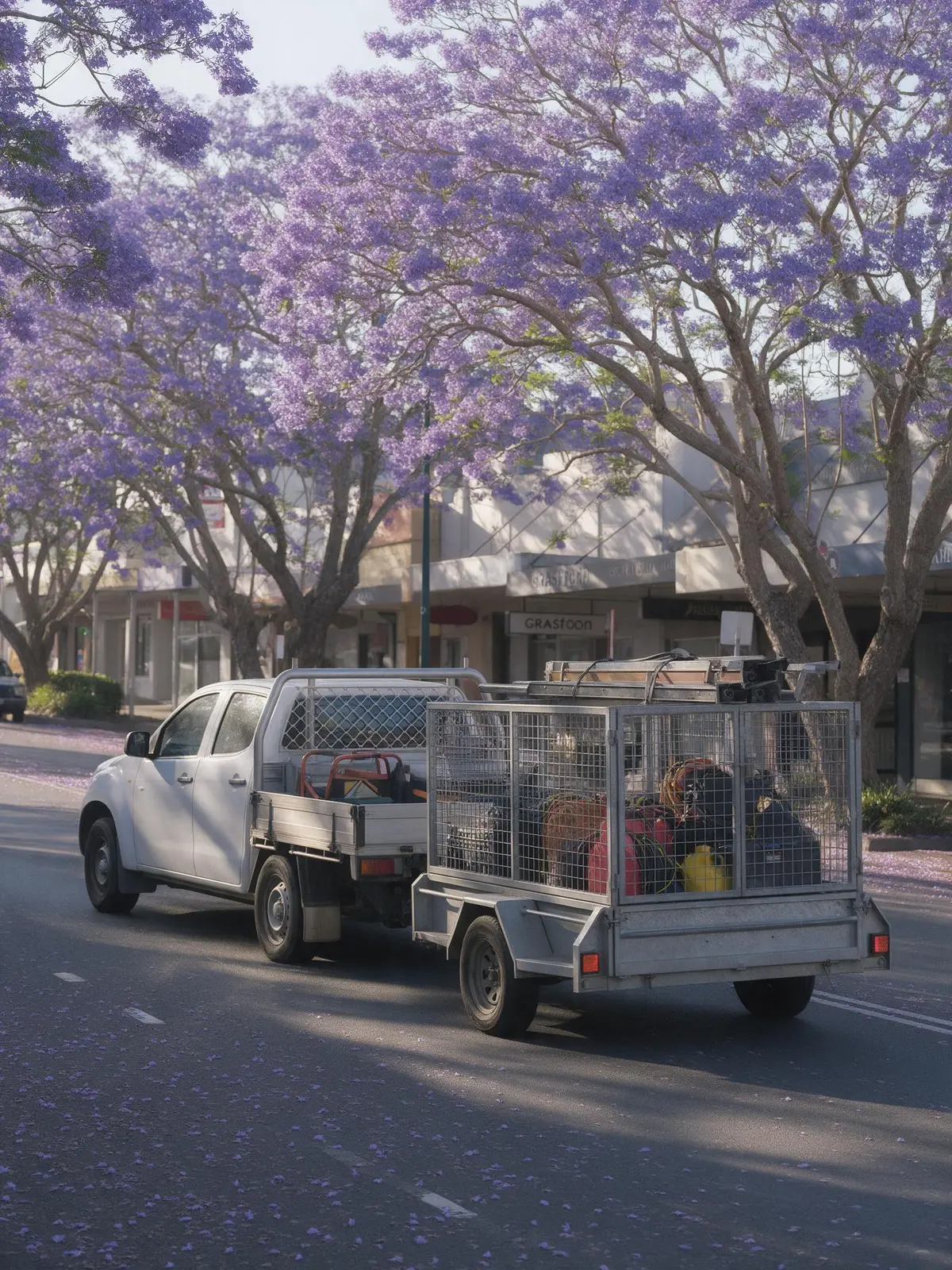 Illustration of a Grafton Hire ute and cage trailer loaded with hire gear on a jacaranda-lined Grafton street
