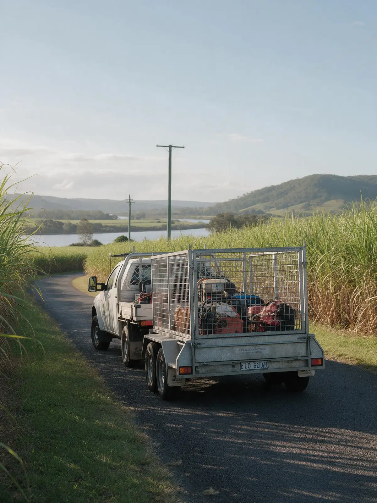 Illustration of a Grafton Hire ute and cage trailer on a road through sugar cane near Maclean with the Clarence River behind
