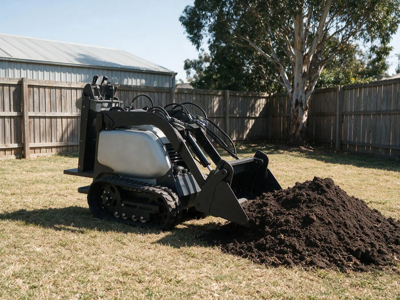 Tracked stand-on Dingo scooping soil from a pile in a fenced backyard under a gum tree