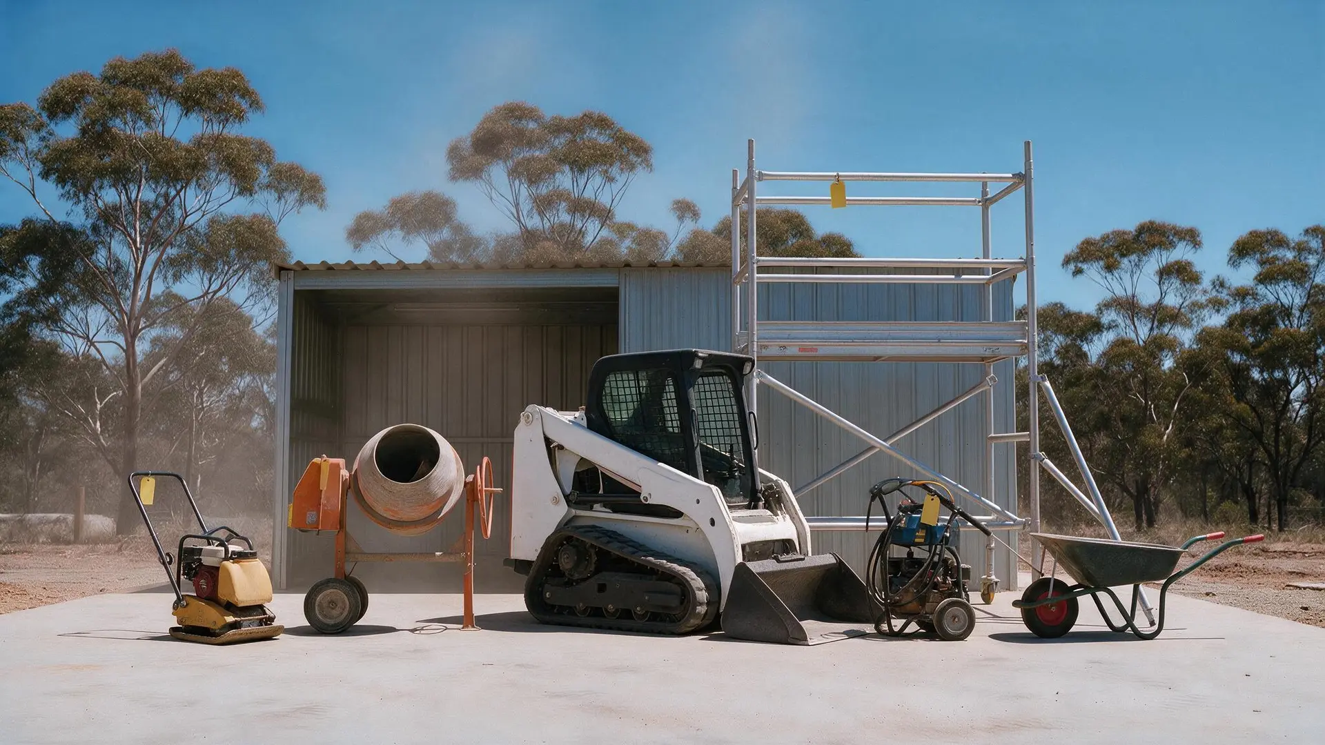 Plate compactor, cement mixer, Bobcat, aluminium scaffold tower and pressure washer lined up on a concrete apron in front of a hire shed