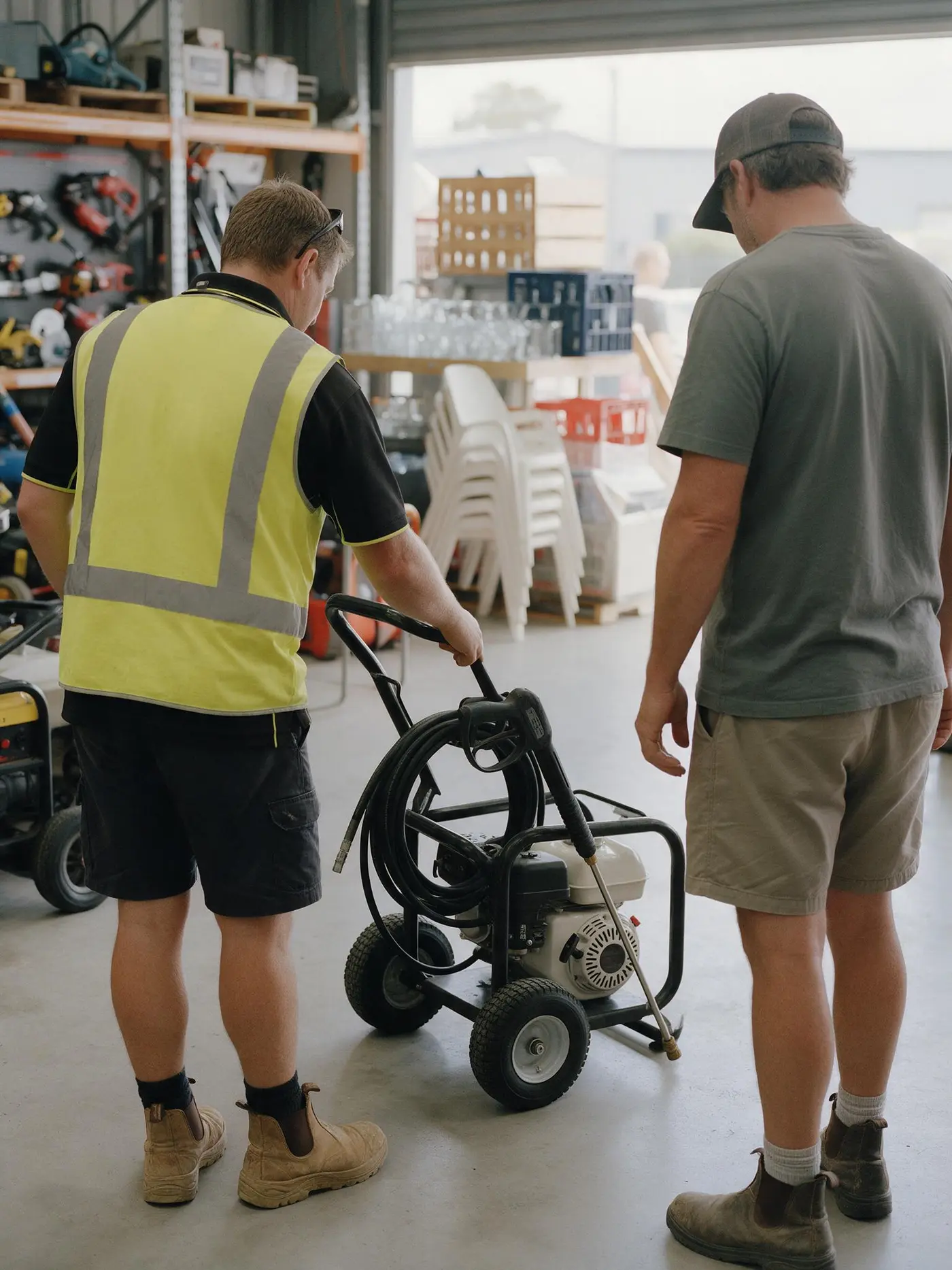 Grafton Hire staff member showing a customer a pressure washer inside the hire showroom