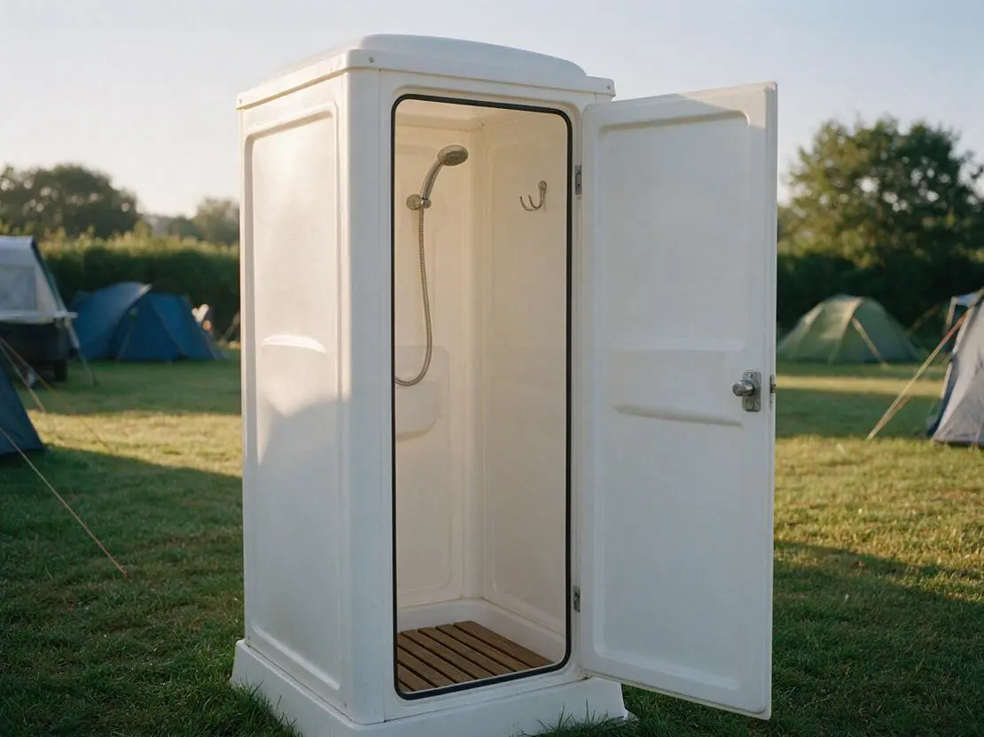 Portable shower cubicle with the door open on a campsite in morning light