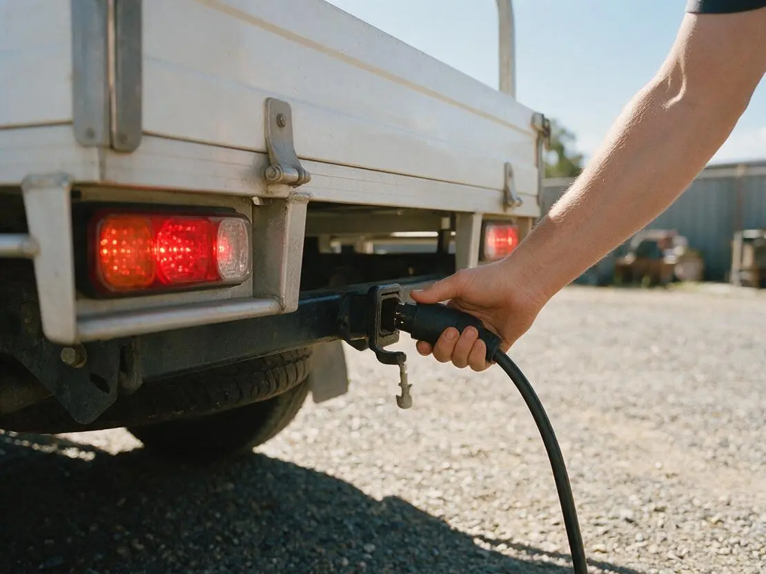 Hand plugging a 7-pin flat trailer plug into the socket on a ute tow bar