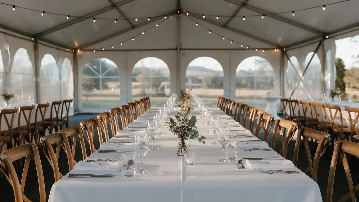 Long wedding table set with white linen, glassware and chairs inside a marquee