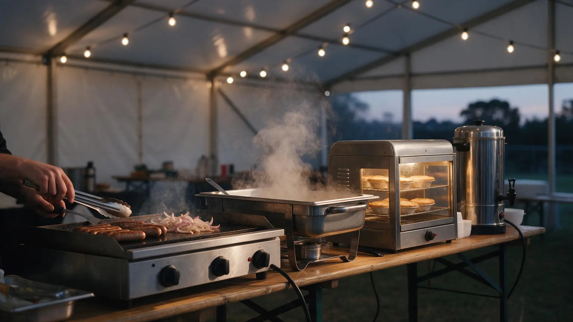 BBQ hotplate, bain-marie, pie warmer and urn in use on a table under a marquee at dusk