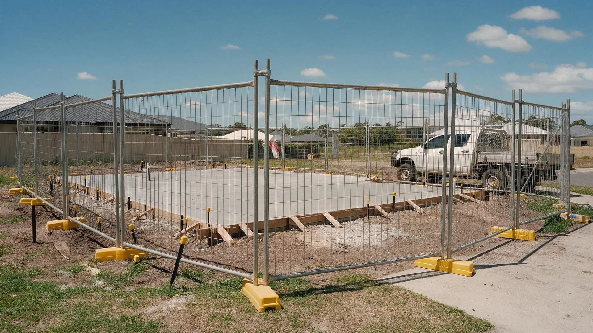 Temporary fencing panels around a freshly poured house slab with a white ute parked beside
