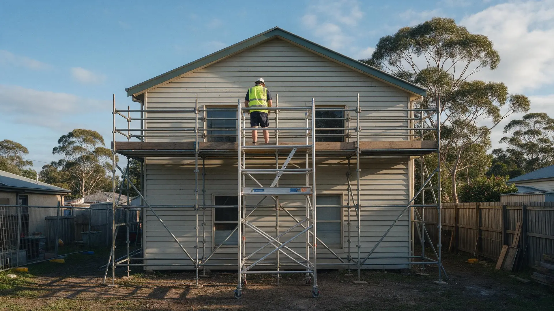 Fixed scaffold and an aluminium mobile tower along a two-storey weatherboard house, a worker in hi-vis on the top platform