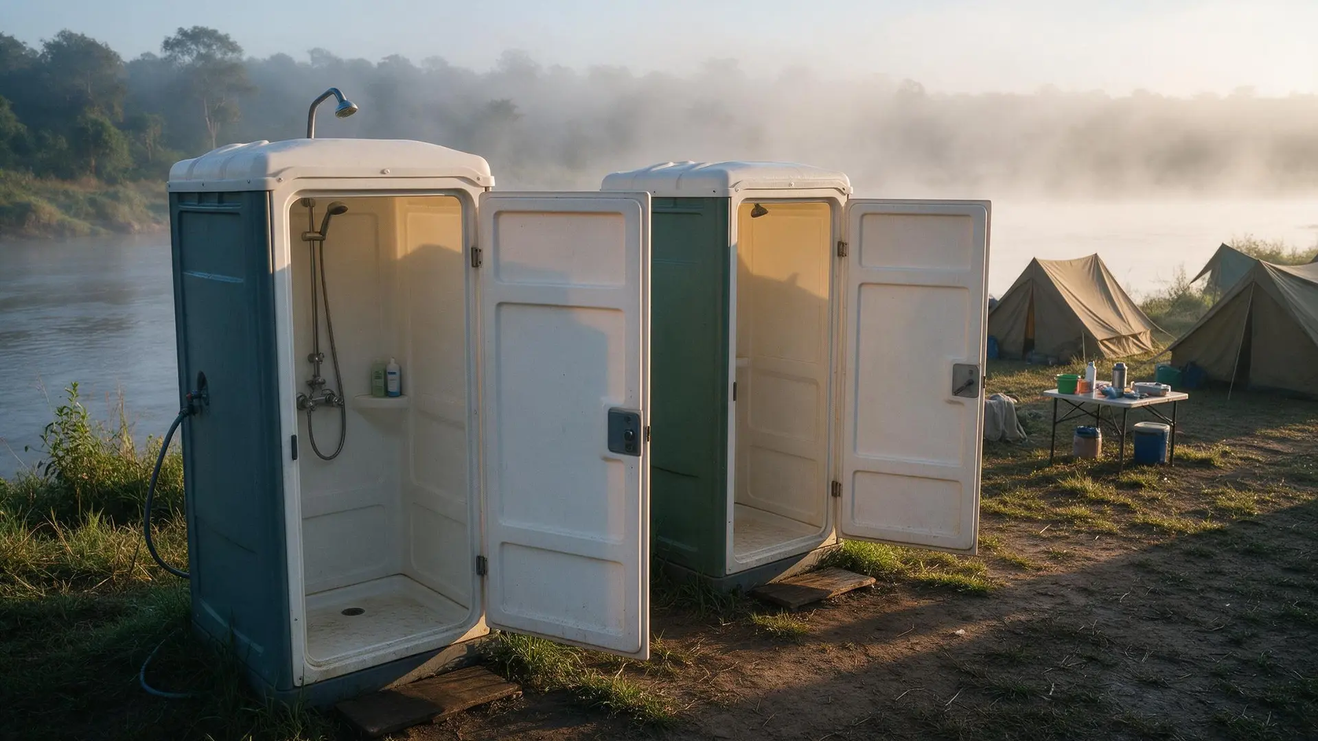 Two portable shower units with doors open at a misty riverside campsite at dawn