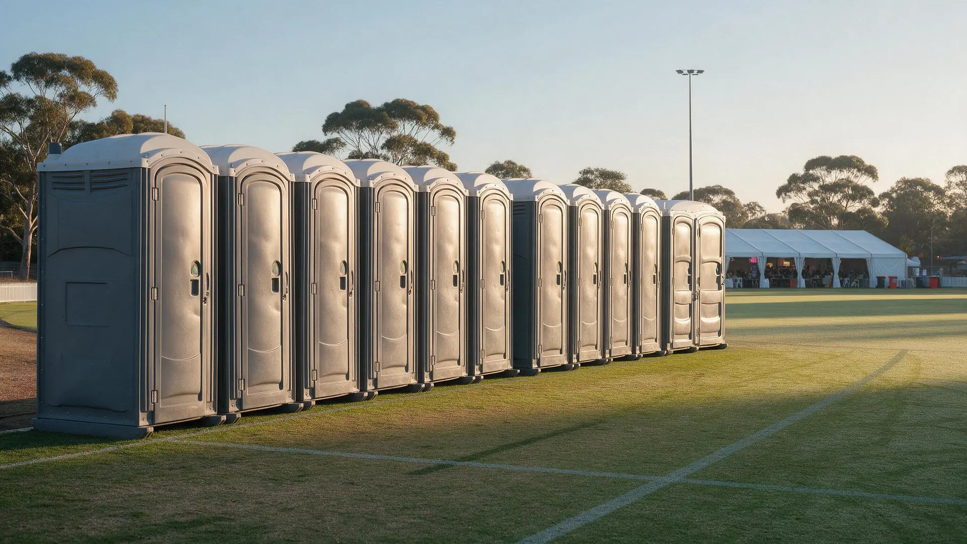 Row of portable toilets including an accessible unit along the edge of a sports oval at sunrise before a festival