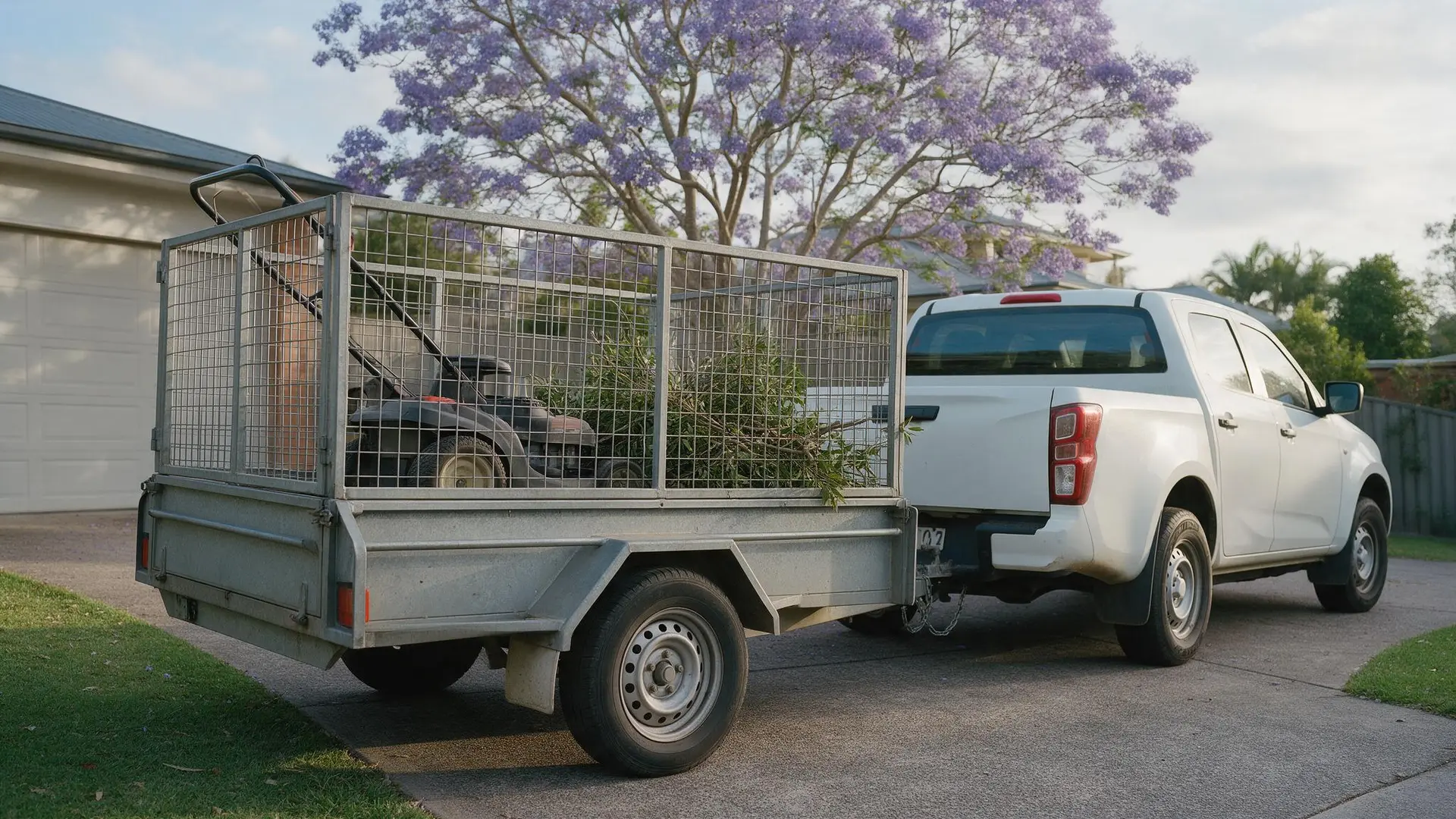 Galvanised cage trailer hitched to a white ute and loaded with a mower and green waste on a Grafton driveway under a jacaranda