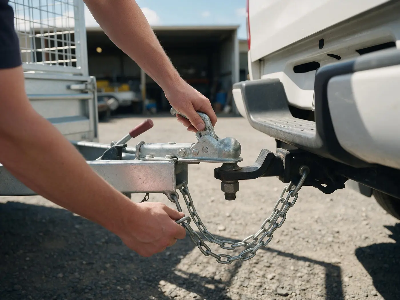 Hands coupling a galvanised cage trailer to a ute tow ball and clipping on the safety chains at the hire yard