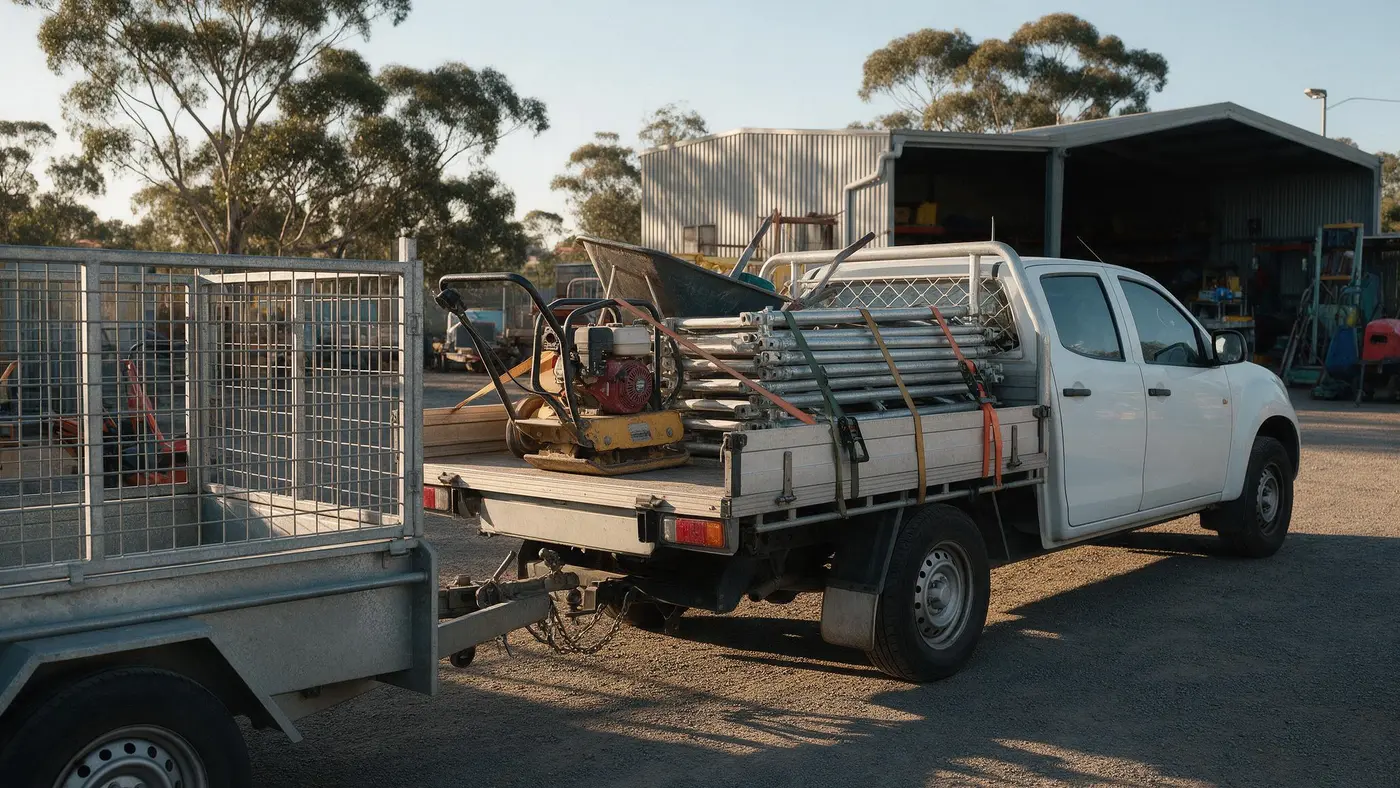 White ute tray loaded and strapped with a plate compactor and scaffold frames, cage trailer hitched behind, at the yard at golden hour