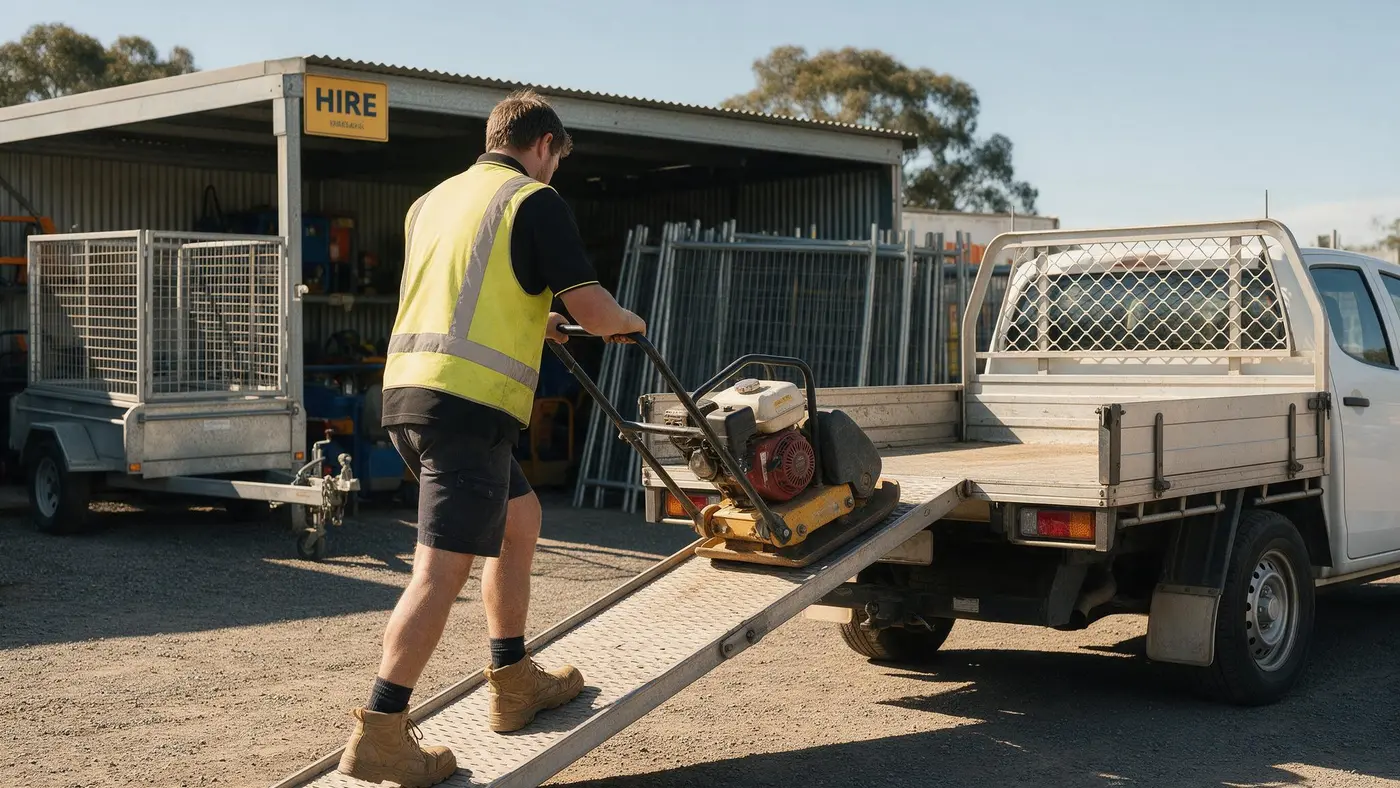Hire yard worker in hi-vis loading a plate compactor up a ramp into a ute tray