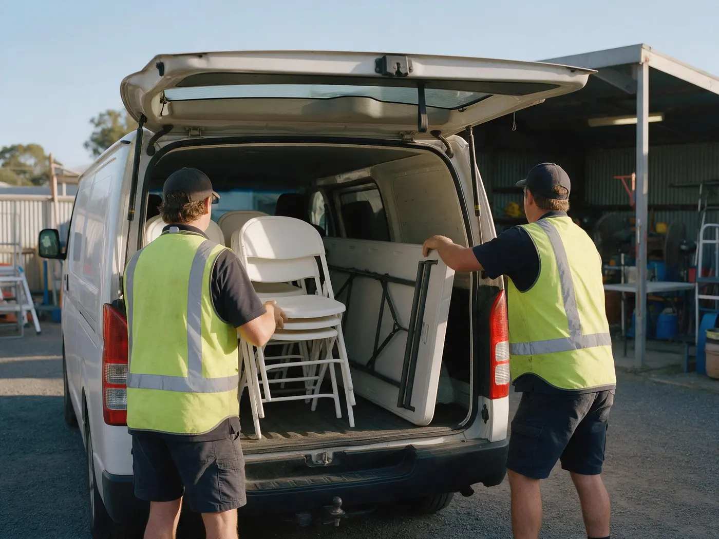 Two Grafton Hire staff in hi-vis loading folding chairs and a table into a van at the yard