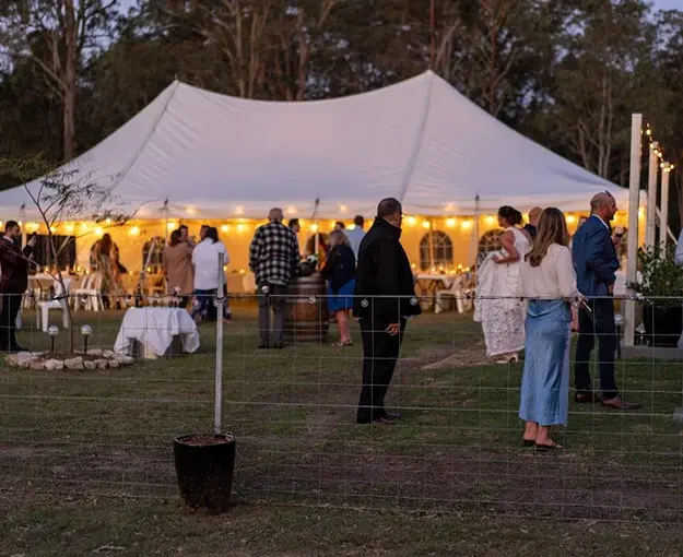 Guests in evening wear outside a marquee at dusk