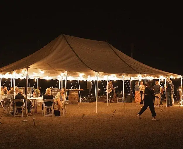 Musician playing under festoon lights inside a marquee at night