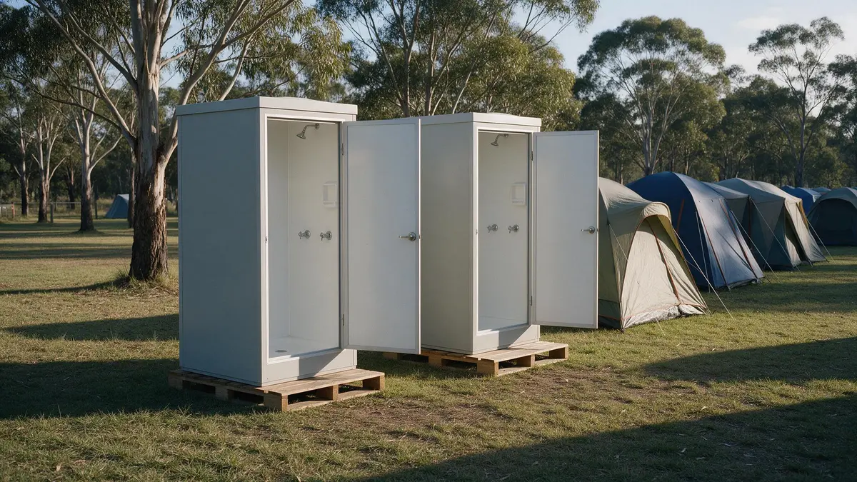 Two portable shower units with doors open on a grassy campsite