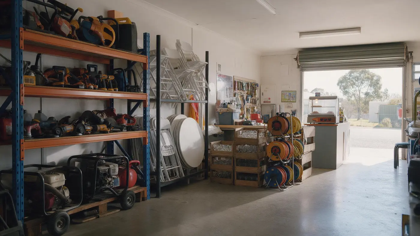 Inside the Grafton Hire showroom with party hire gear on display
