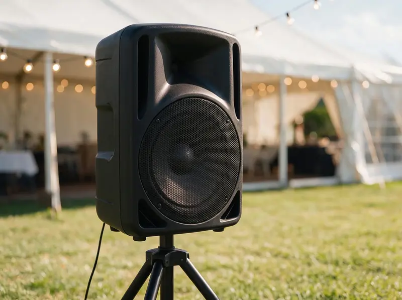 Black PA speaker on a tripod stand on the lawn, with festoon lights and a white marquee softly blurred behind