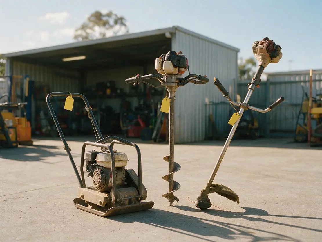 Plate compactor, post hole digger and whipper snipper on the concrete apron of the Grafton Hire yard