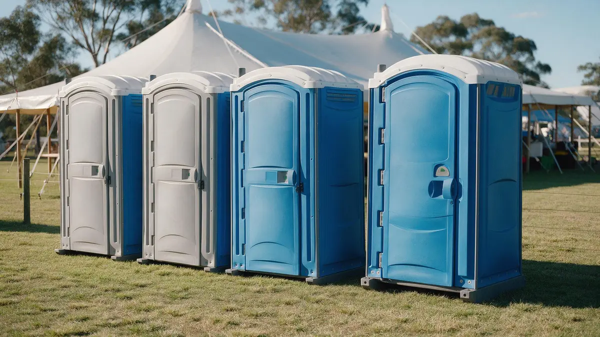 Row of clean portable toilets including an accessible unit at an outdoor event