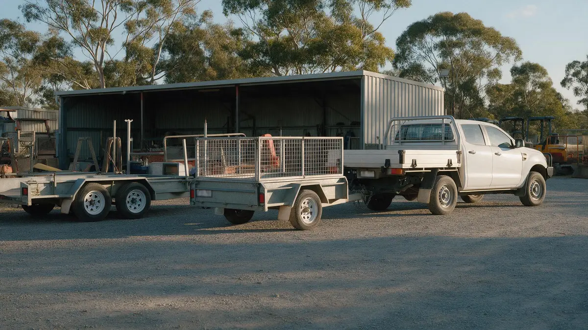 Galvanised cage trailer and heavy-duty trailer hitched behind a white ute at the hire yard